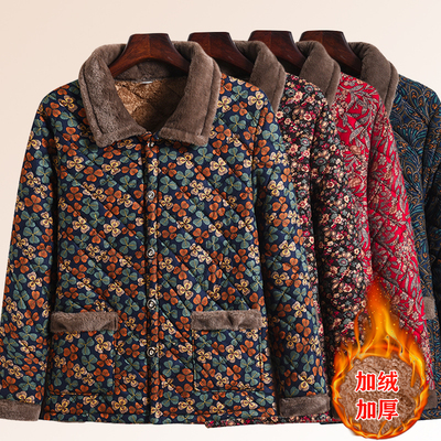妈妈冬装花棉袄加绒棉衣外套