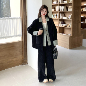 黑色设计感牛仔拼接时尚套装女2025春季新款休闲宽松阔腿裤两件套图片