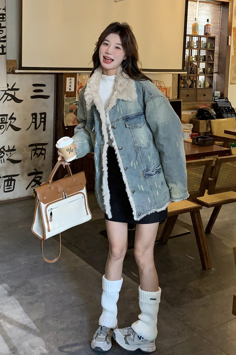 新款大货设计感牛仔羊羔毛派克棉服外套C189-8055-P205-K318,女装皮草,2C189