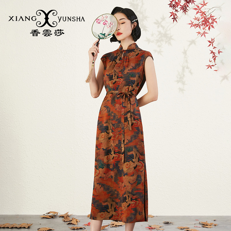 香云莎 夏季新款正品莨绸香云纱中国风仙鹤图中式长款旗袍裙