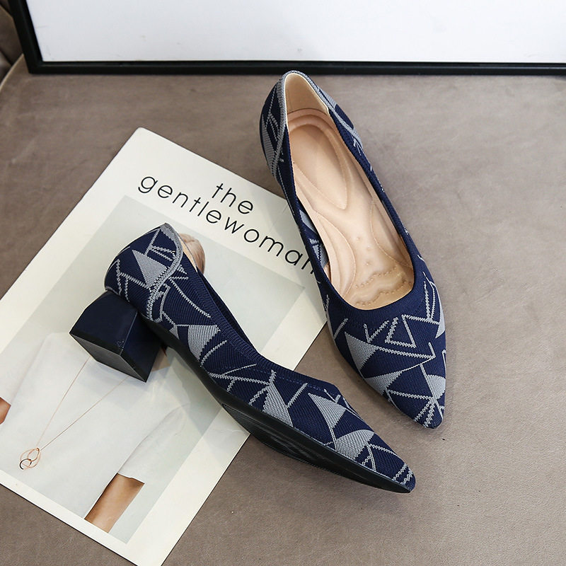 高跟王妃鞋单鞋跨境外贸豹纹飞织尖头粗跟浅口中跟编织高跟鞋女,女鞋,浅口单鞋,淘宝优惠券,粉丝福利购,淘宝优惠卷