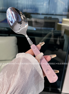 高级感紫色奶酪不锈钢勺子陶瓷手柄高颜值家用西餐勺主餐勺大调羹