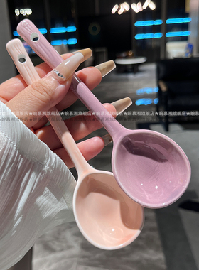 少女心紫色粉色陶瓷小勺纯色釉下彩家用小调羹咖啡搅拌勺甜品勺子
