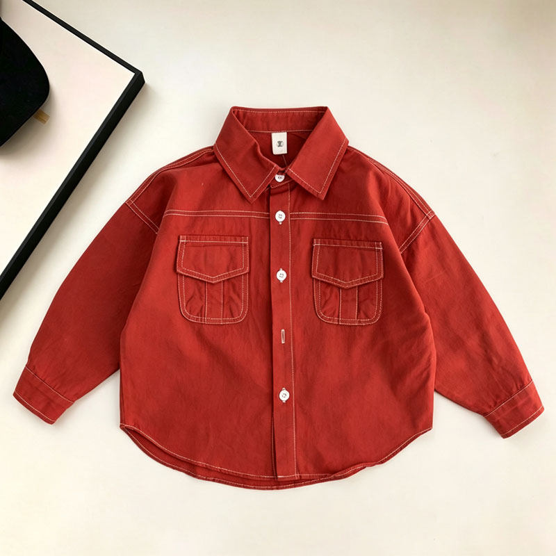 2026春款新品小童宝宝纯棉外套男童元气红色衬衫韩版儿童衬衣春秋