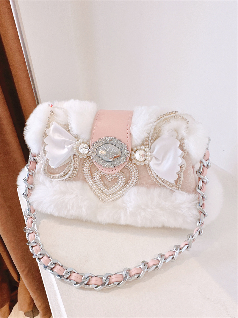 单肩包粉色毛毛小众设计手提韩版