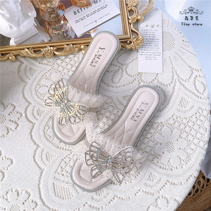 仙女水钻甜美风网纱百搭平底拖鞋