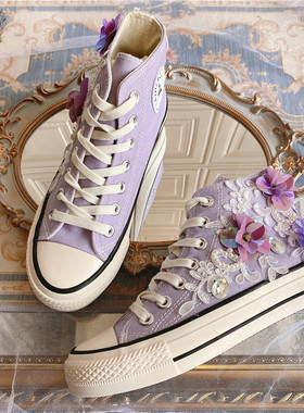 2023新款时尚绝美仙女紫色蕾丝高帮帆布鞋ulzzang韩版百搭运动鞋