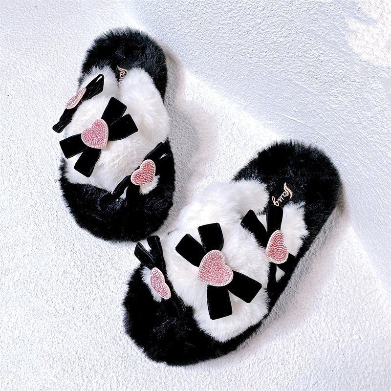 厚底甜美蝴蝶结毛毛一字拖棉拖