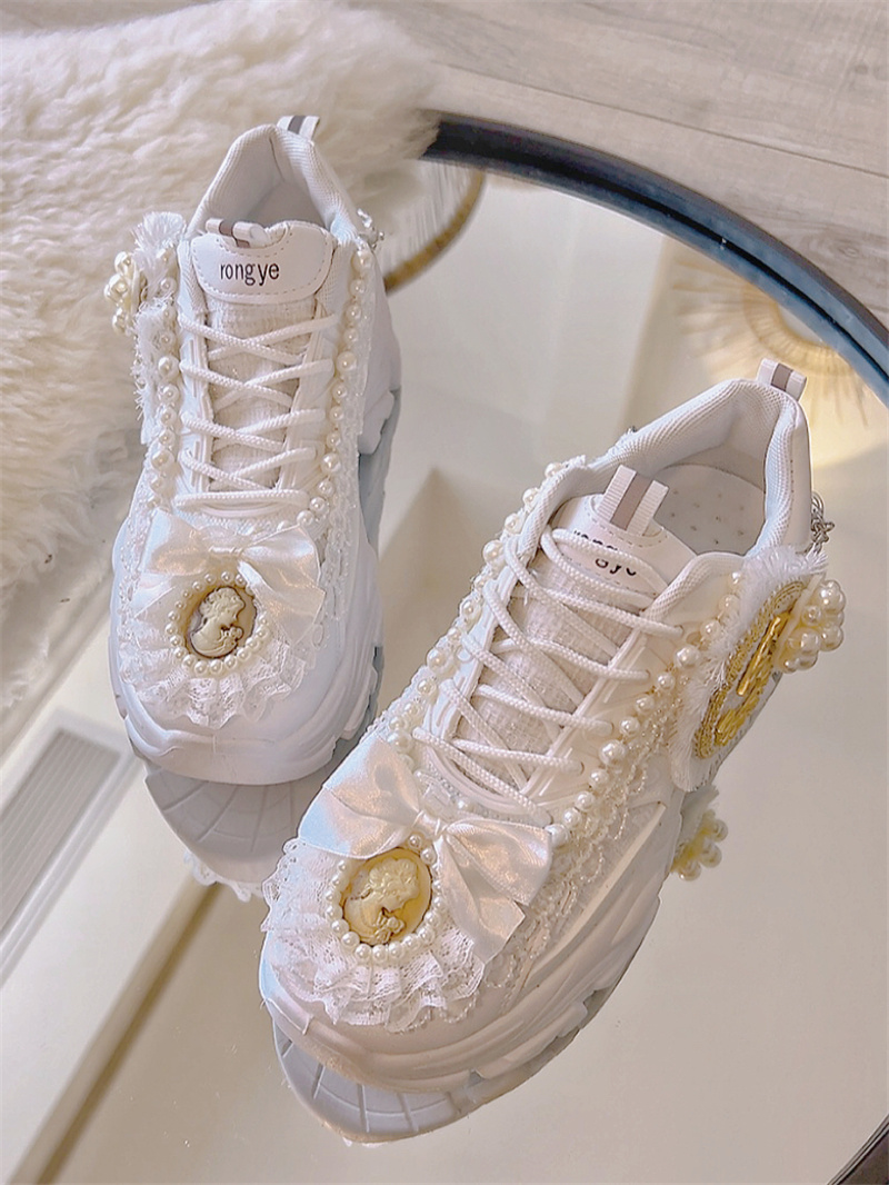 少女风厚底圆头老爹鞋小白鞋显瘦