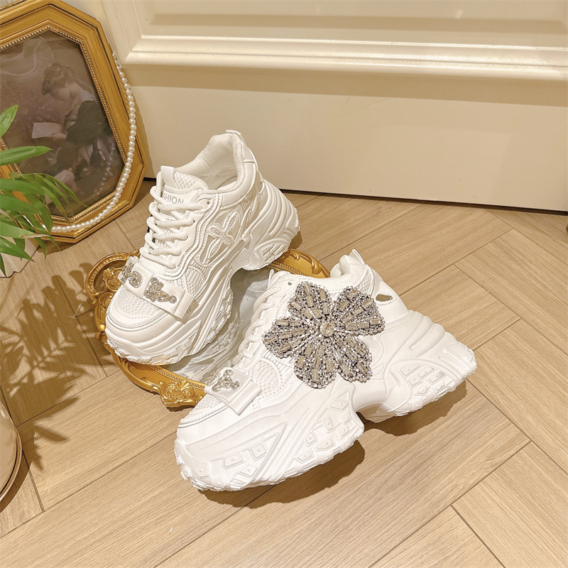 厚底网面水钻老爹鞋女2025新款系带增高10厘米休闲运动鞋小白鞋