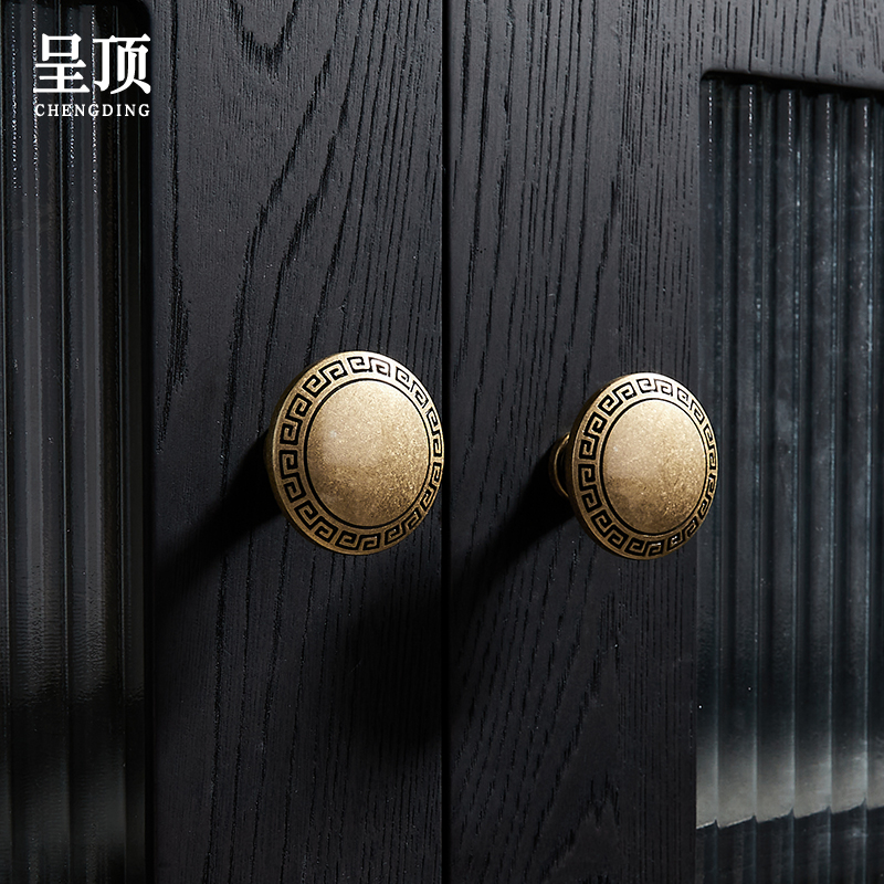 呈顶中式拉手黄铜大号圆形抽屉中古风衣柜门橱柜厨房复古单孔把手