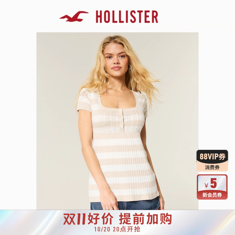 Hollister25秋款美式甜美亨利领短袖针织衫上衣女装350-5123