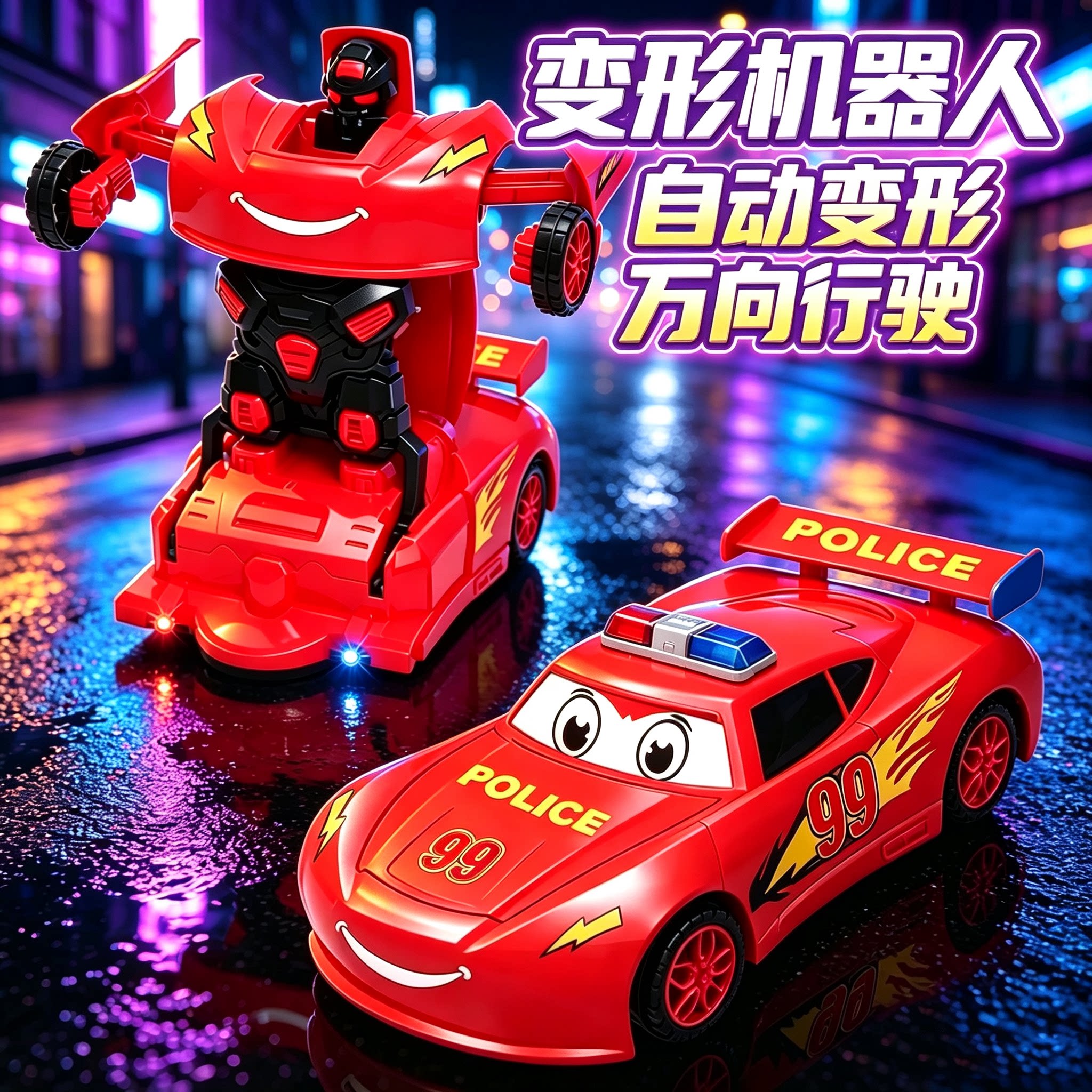 儿童全自动变形车机器人玩具特警汽车灯光炫酷声光万向行驶小汽车