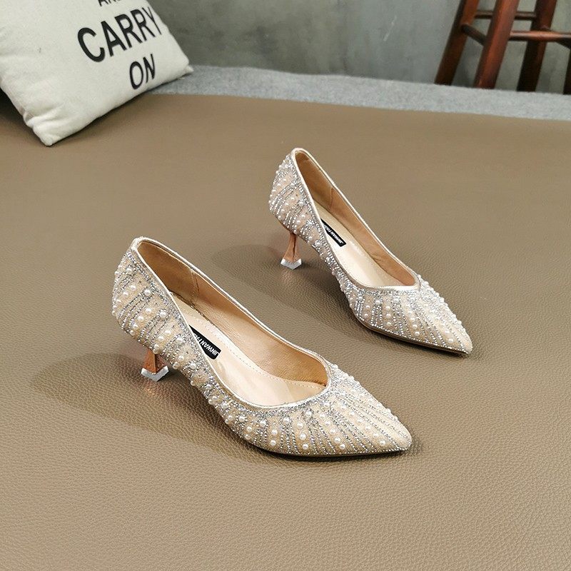 尖头高跟鞋女2022年春秋季新款百搭气质名媛珍珠水钻细跟浅口单鞋