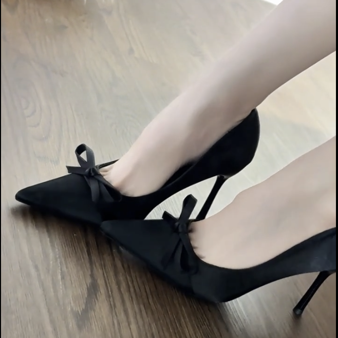 新款小众法式尖头黑色蝴蝶结高跟鞋绝美配裙子性感名媛缎面单鞋