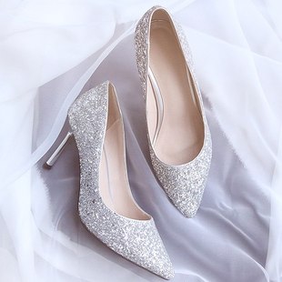 水晶婚鞋 少女高跟鞋 女性感细跟婚纱伴娘尖头亮片单鞋 银色 网红法式