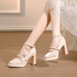 伴娘缎面防水台7cm高跟鞋 婚鞋 粗跟女 厚底玛丽珍新娘鞋 香槟色法式