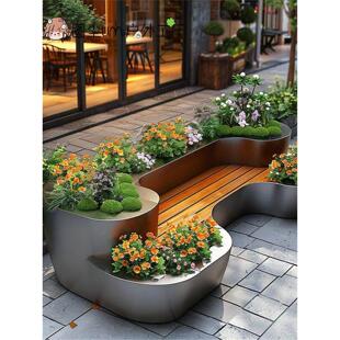 户外花箱坐凳组合别墅露天创意庭院不锈钢花坛种植箱步行街座椅