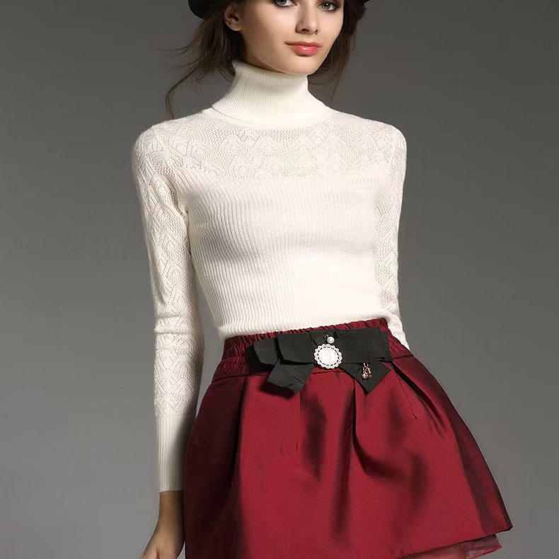 2025冬纱网露背镂空打底衫女薄款修身洋气百搭针织衫高领羊毛衫