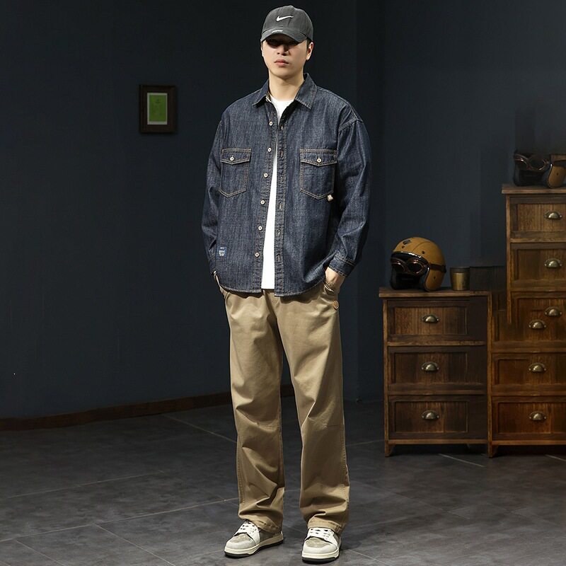 码牛仔衬衫男宽松秋季外套加肥加大春士休闲2026春款工装上衣深蓝