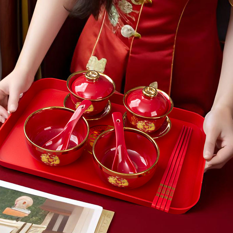 结婚喜碗陪嫁碗筷茶具套装