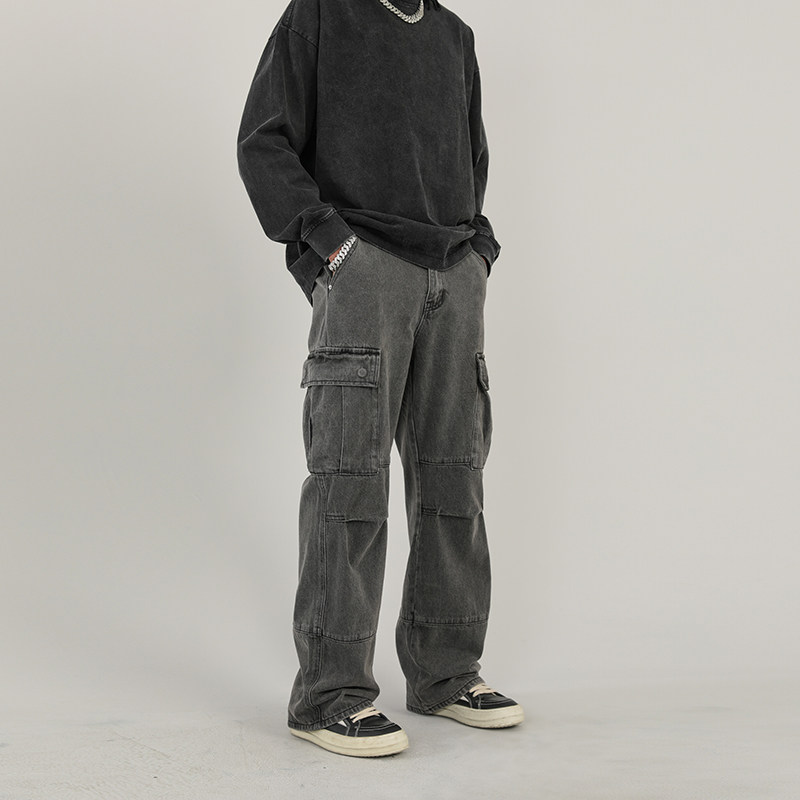 美式高街水洗做旧褶皱拼接多口袋工装裤男潮牌复古街头直筒牛仔裤,男装,牛仔裤,淘宝优惠券,粉丝福利购,淘宝优惠卷