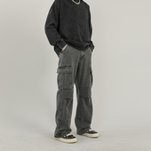 美式 男潮牌复古街头直筒牛仔裤 高街水洗做旧褶皱拼接多口袋工装 裤