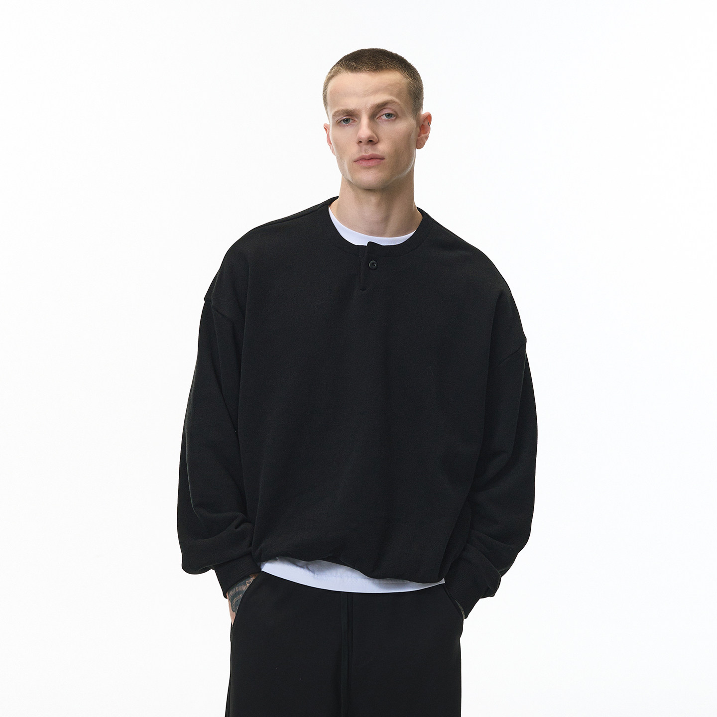 美式复古亨利领卫衣男秋冬潮牌boxy宽松纯色百搭加绒保暖长袖上衣