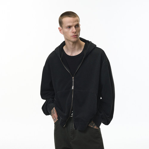 380G重磅做旧水洗连帽开衫卫衣男