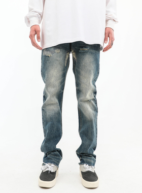 欧美复古水洗蓝色磨破毛边直筒牛仔裤潮牌高街裤子男显瘦坠感长裤