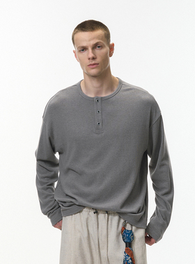 美式街头老钱风亨利领长袖T恤打底衫男宽松休闲内搭纯色基础上衣