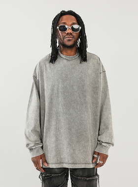 270G重磅纯棉蜡染水洗做旧纯色长袖T恤男宽松上衣内搭高街打底衫