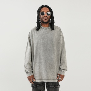 270G重磅纯棉蜡染水洗做旧纯色长袖T恤男宽松上衣内搭高街打底衫