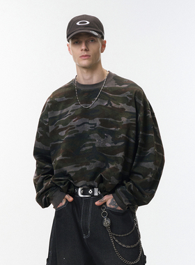 美式潮牌boxy宽短版迷彩长袖T恤男街头休闲慵懒风圆领打底衫上衣