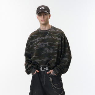 T恤男街头休闲慵懒风圆领打底衫 迷彩长袖 上衣 潮牌boxy宽短版 美式