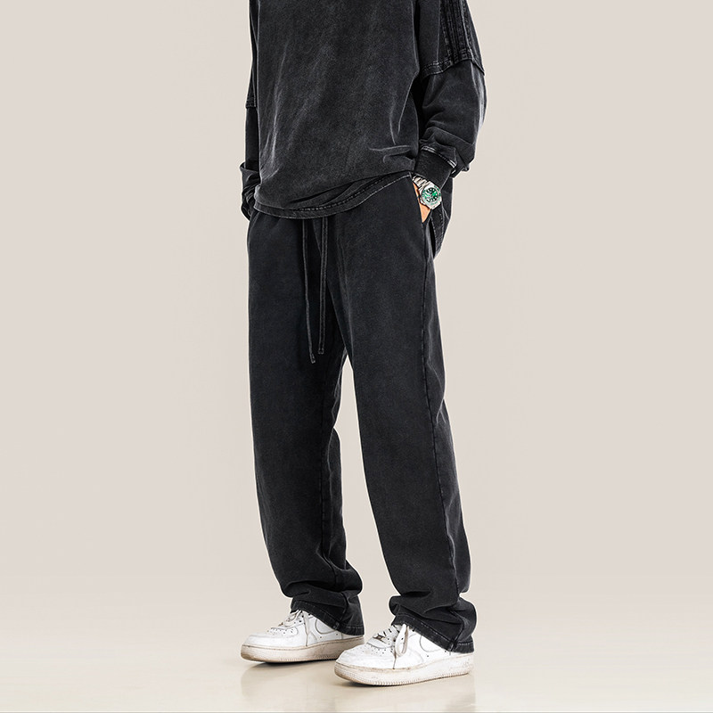 重磅水洗做旧直筒休闲裤宽松长裤