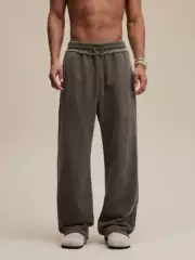 American Retro 400g Heavyweight Fleece-Lined Washed Frayed Casual Long Pants Loose Drape Sports Straight-Leg Sweatpants for Men