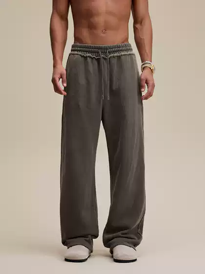 American Retro 400g Heavyweight Fleece-Lined Washed Frayed Casual Long Pants Loose Drape Sports Straight-Leg Sweatpants for Men