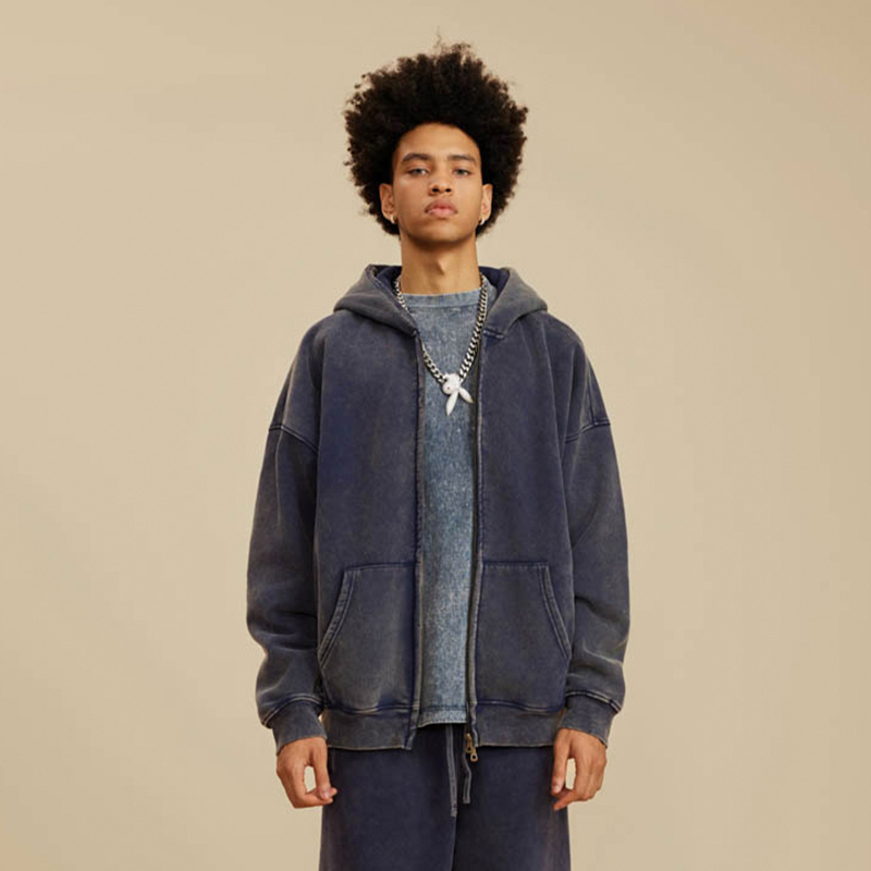 重磅水洗加绒拉链开衫连帽卫衣