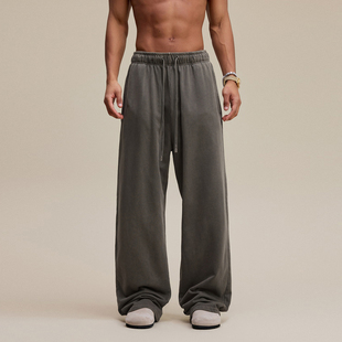 男重磅480G纯色基础宽松垂坠感休闲长裤 美式 复古水洗做旧直筒卫裤