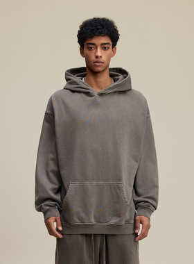 480G重磅水洗做旧连帽卫衣男美式复古宽松休闲纯色落肩百搭帽衫潮