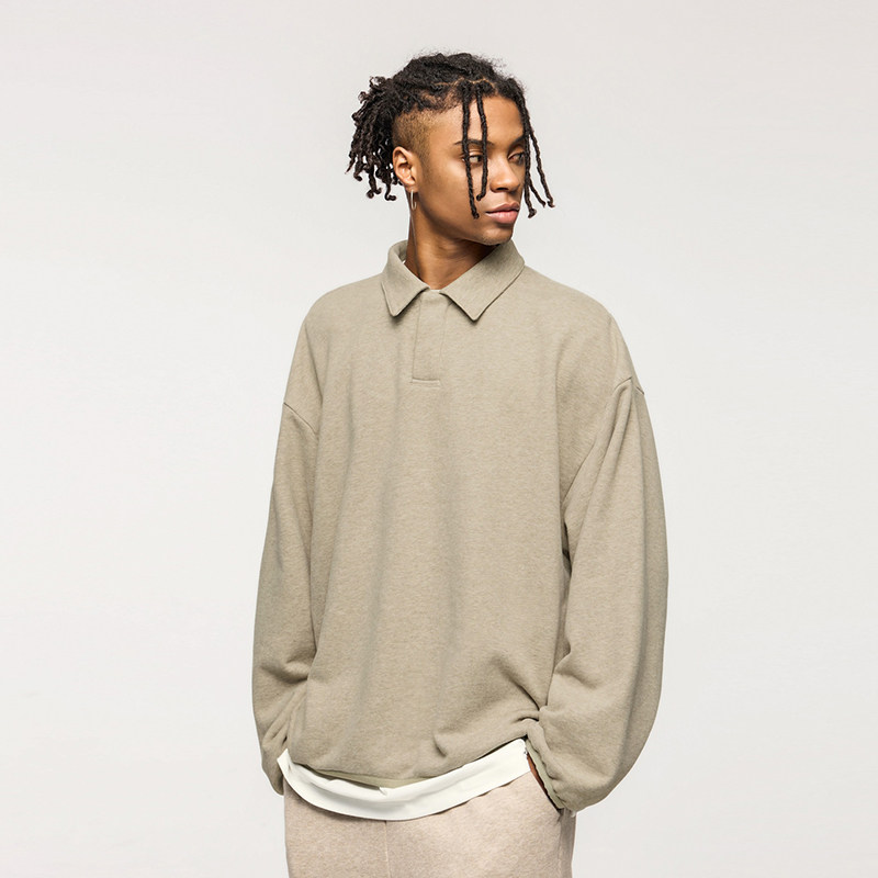 美式潮牌Polo领卫衣男秋季365G重磅纯色简约高街宽松翻领长袖上衣