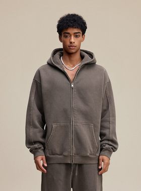 400G重磅加绒双头拉链连帽开衫卫衣男复古蜡染做旧宽松百搭外套潮