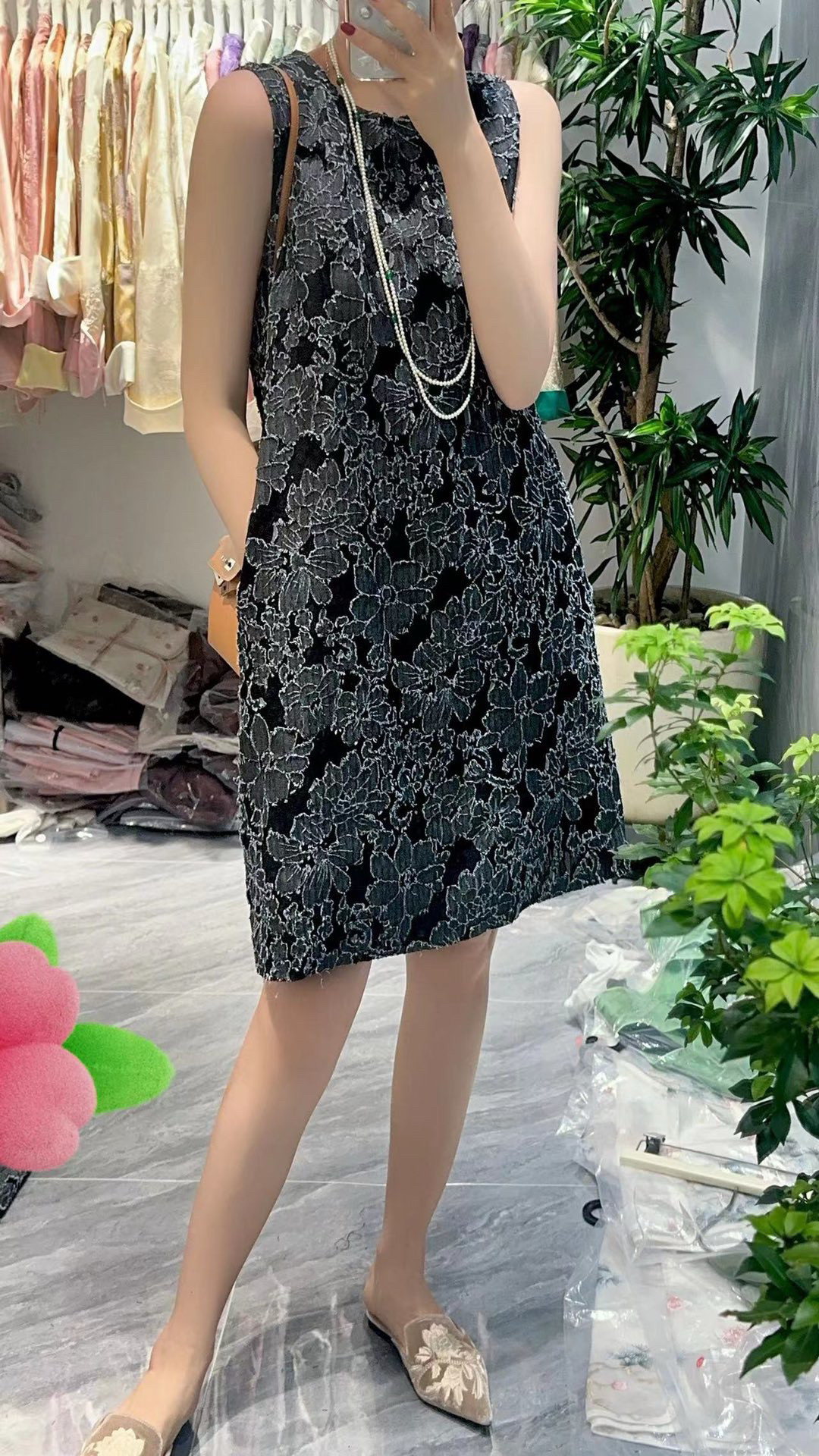 欧洲站2024夏季新款女装时尚圆领无袖背心连衣裙拼接提花精致宽松