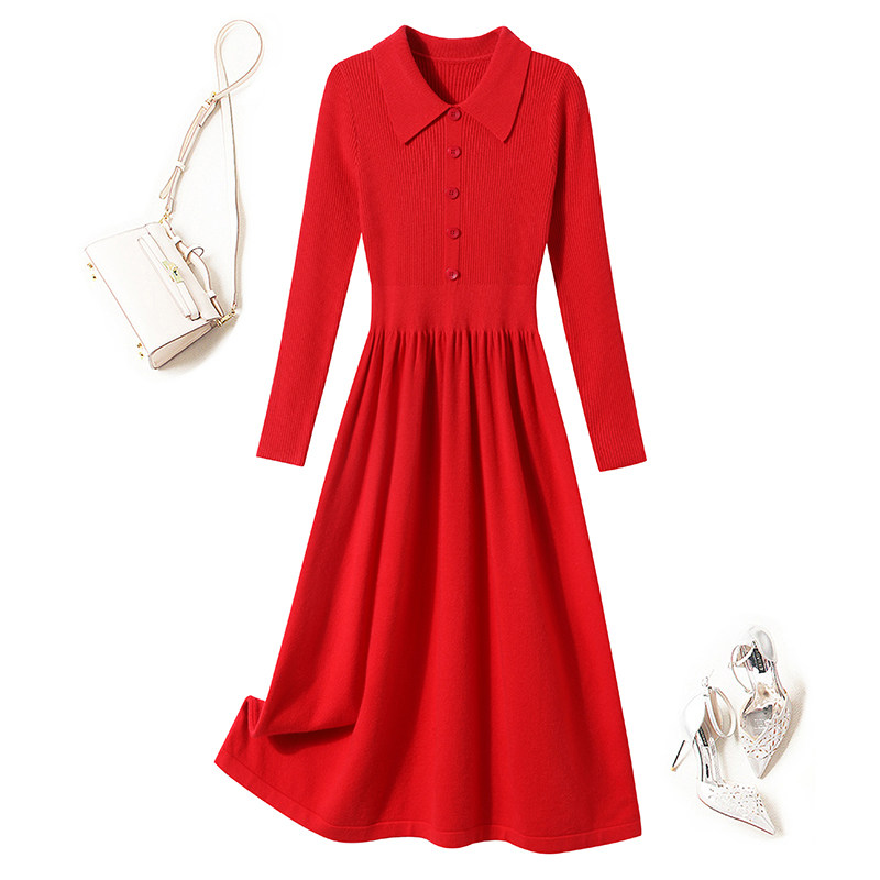 秋冬天加绒修身毛衣裙高端轻奢名媛洋气质减龄红色长袖针织连衣裙