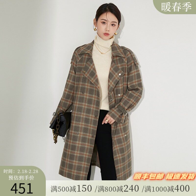 她图毛呢外套女2021年冬季新款韩版宽松格子中长款百搭呢子大衣