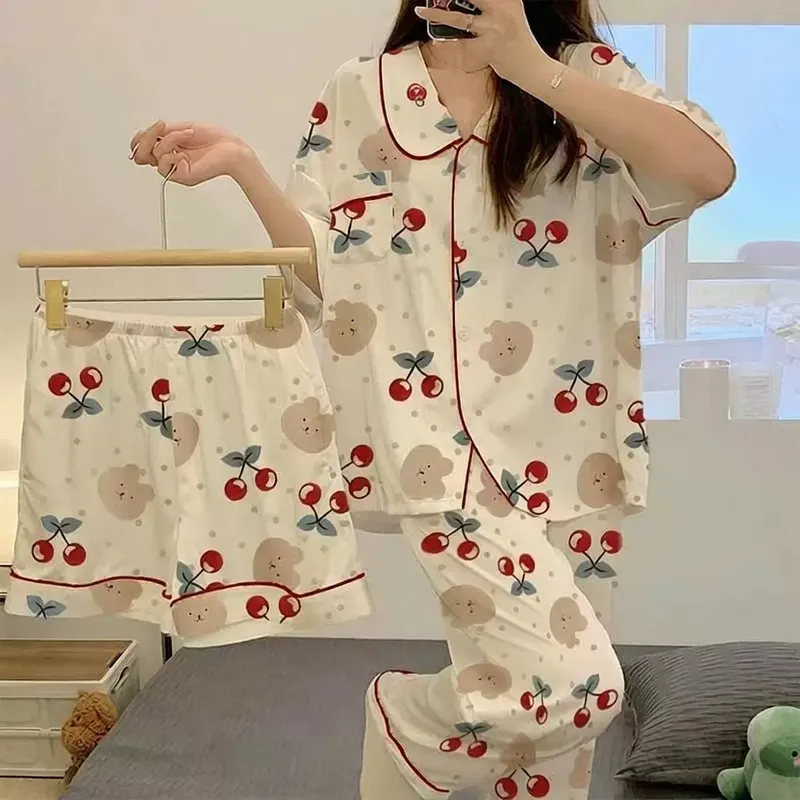 睡衣女夏季三件套开衫短袖春秋薄睡袍/浴袍