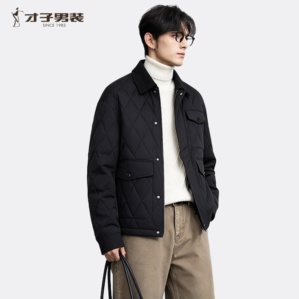 才子男装翻领黑色菱格棉服外套
