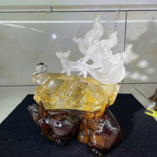 好记水晶黄胶花九尾狐摆件家居装饰卧室客厅办公桌送朋友生日礼物