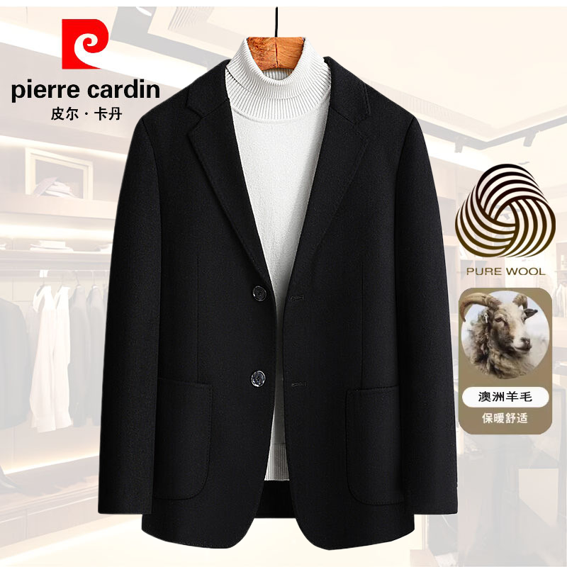 100%纯羊毛秋季双面呢羊毛休闲时尚西服男士短款轻奢黑色毛呢外套